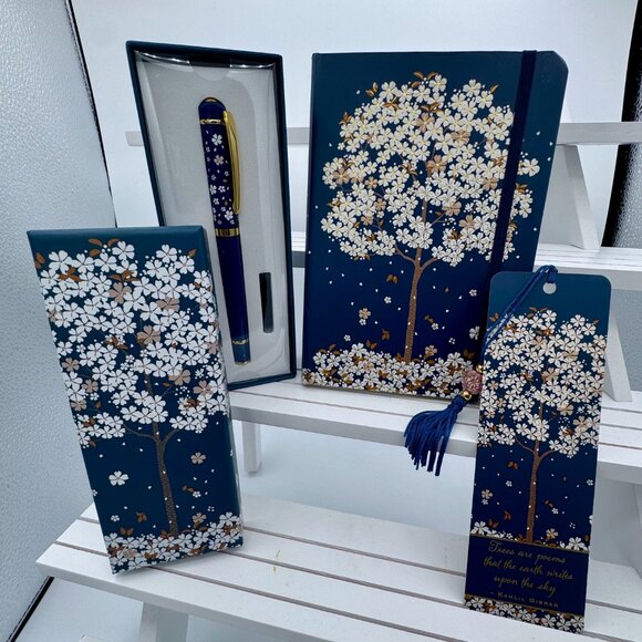 Navy Falling Blossoms Journal, Bookmark and Pen Set - Picture 2 of 3